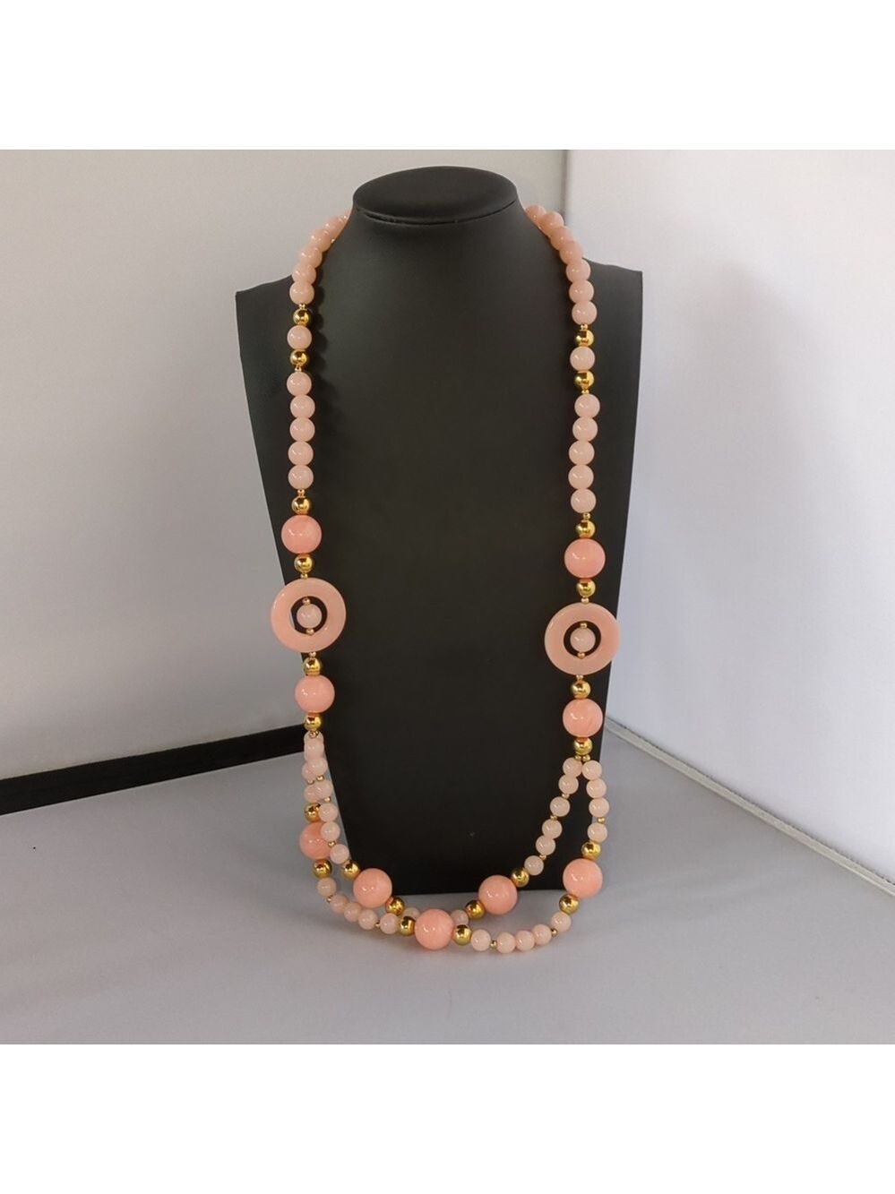 Trifari Pink Bead Necklace Gold Tone Accents Fashion Statement Jewelry Women